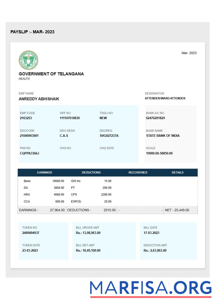 Printable Government of Telangana payslip template